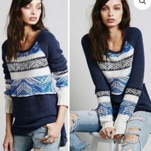 Free People Blue Aztec Tribal Soft Boho Snow Angel Angora Rabbit Hair Sweater S